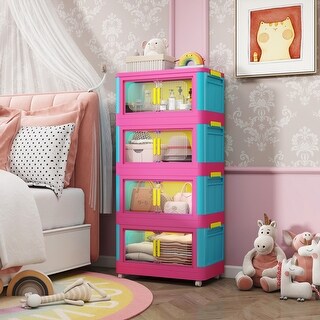 20"Side Wide Folding Storage Cabinet,4 Tiers,Collapsible Storage Bins with Magnetic Door, Plastic Storage Cabinet with Wheels