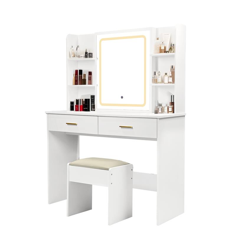 Dresser with mirror and light Power outlet and stool