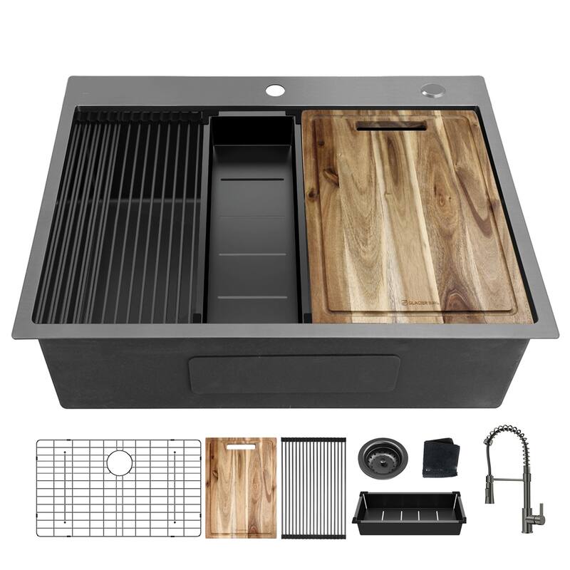 33 inch Gunmetal Drop-In Workstation Sink, 18 Gauge Single Bowl Topmount Stainless Steel Kitchen Sink with Spring Neck Faucet - Gunmetal Black