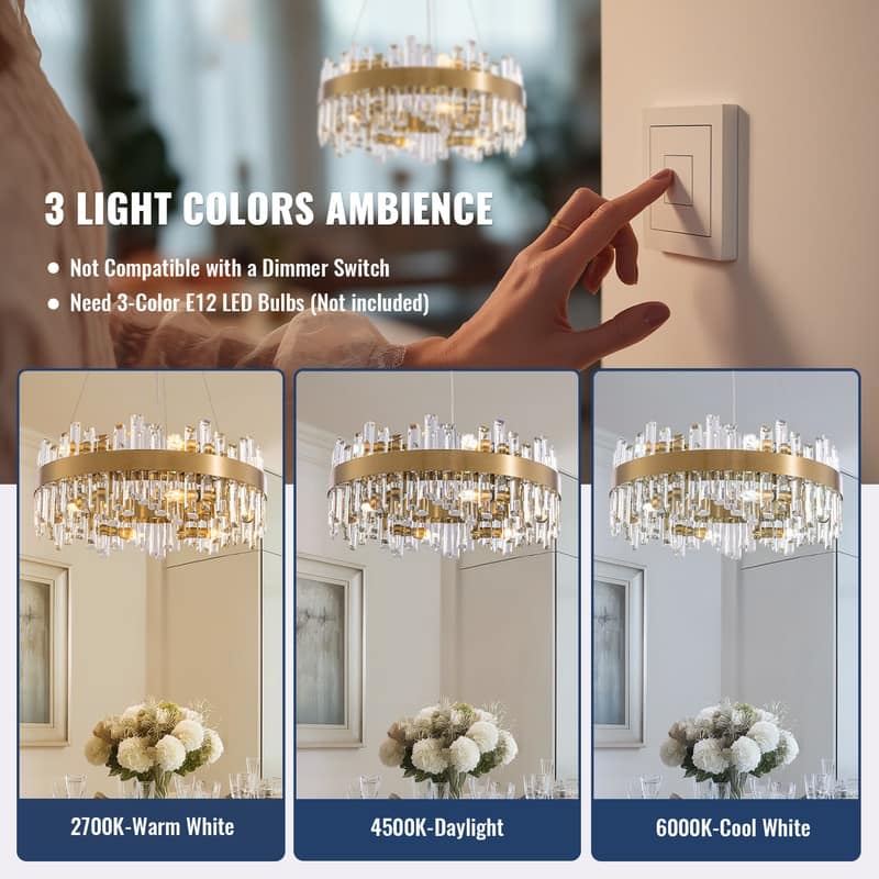 24 in. 2-Tier Modern Crystal Chandelier Brass Gold Round Crystal Raindrop Chandelier Contemporary Pendant Light for Dining Room