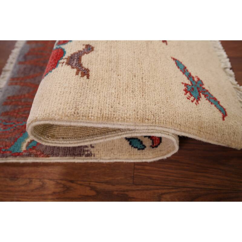 Animals Design Ziegler Foyer Rug Handmade Beige Wool Carpet - 2'0" x 2'11"