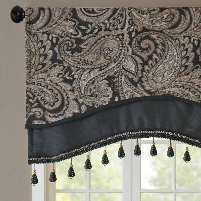 Madison Park Whitman Jacquard Window Rod Pocket Valance with Beads - 50 x 18"