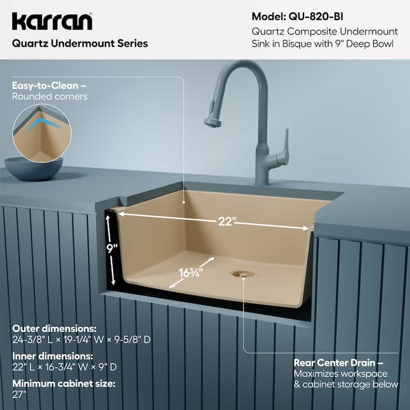 Karran Undermount 24.38 in Single Bowl Quartz Kitchen Sink