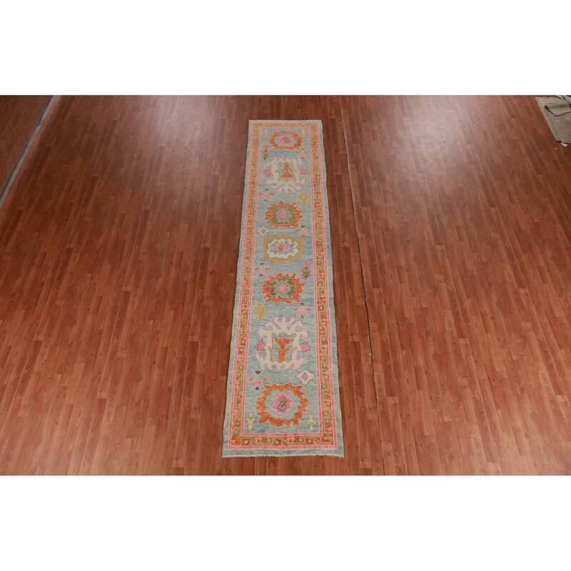 Hand Knotted Oriental 100% Wool Carpet Transitional Floral Navy Blue & Blues Oushak Runner Rug - 12' 8'' X 2' 11''
