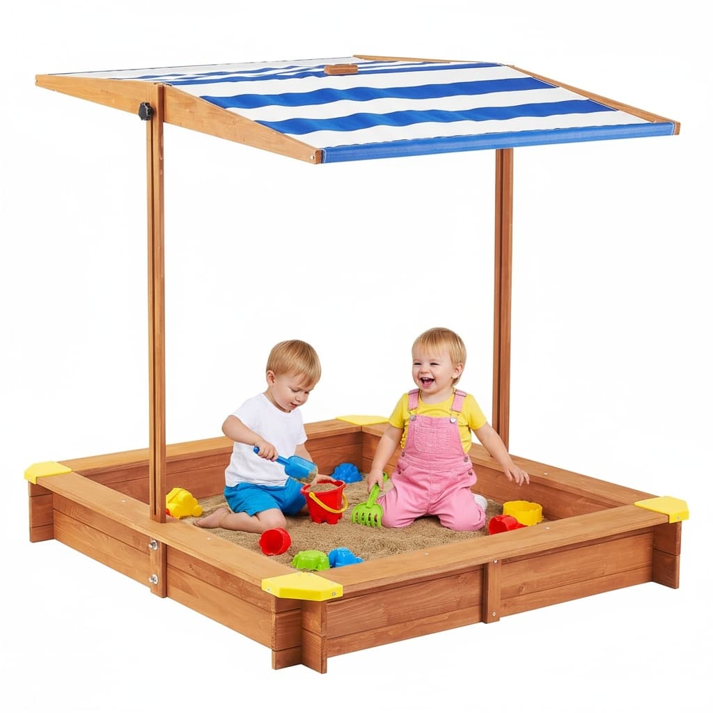 Kids Sandbox with Cover, 46" Wooden Sand Box w/Adjustable Canopy, Large Outdoor Cedar Sandpit for Backyard Play