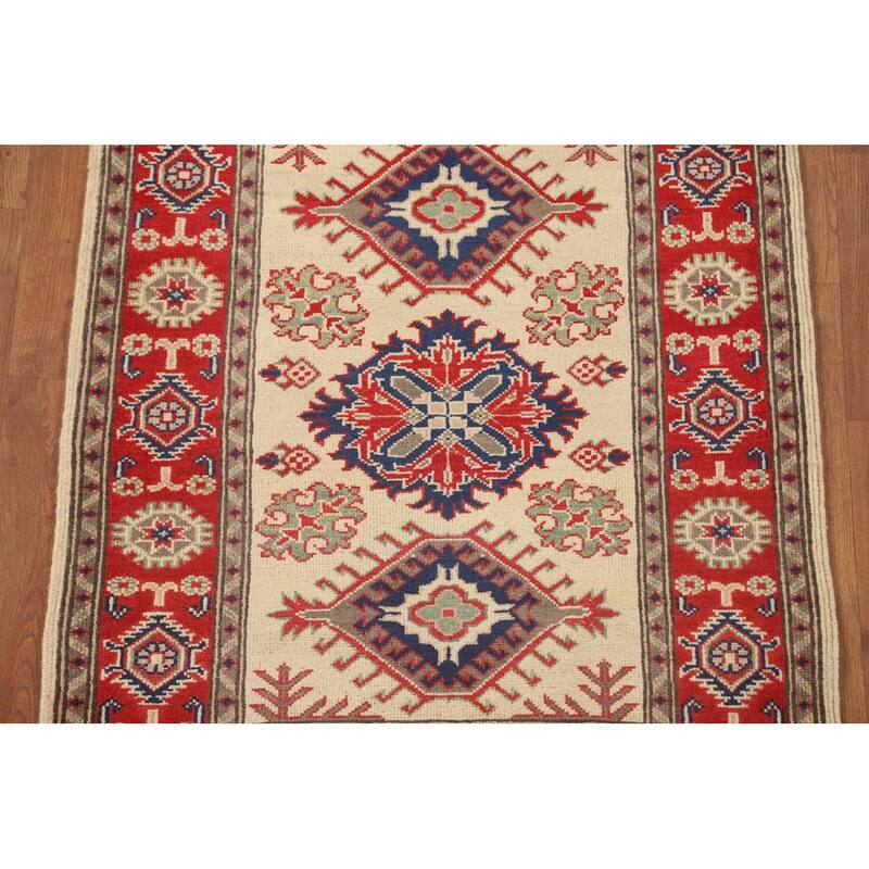 Geometric Kazak Accent Rug Hand-Knotted Beige Wool Carpet - 3'2" x 4'1"