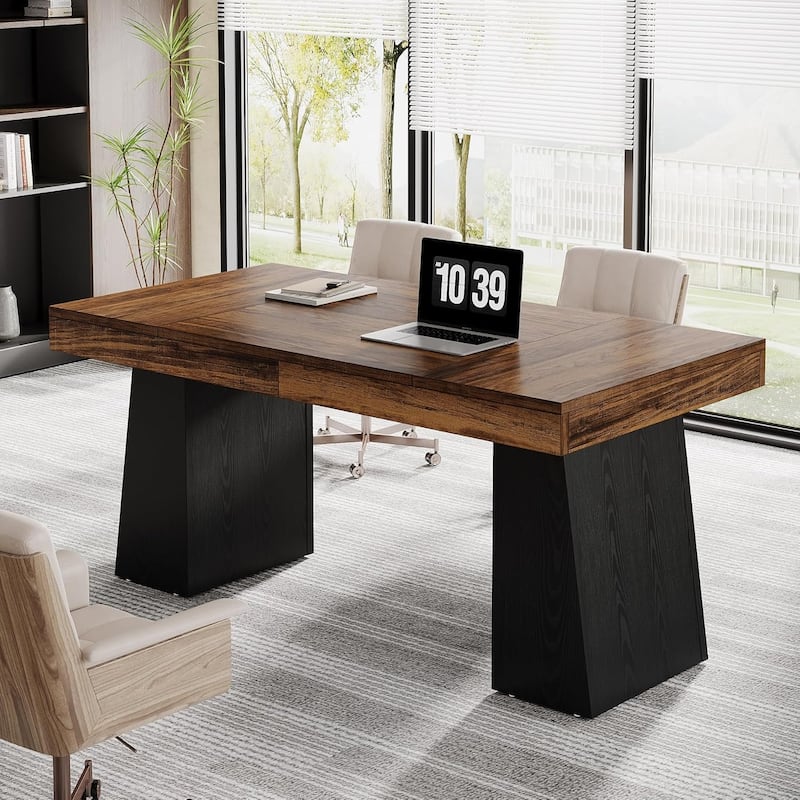 55" Executive Desk, Mid-Century Modern Wood Home Office Desk - Rustic Brown& Black