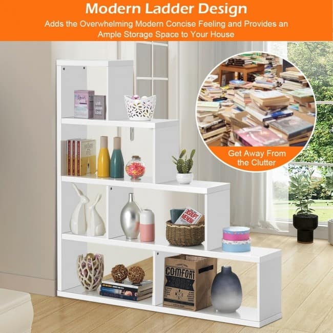 6 Cubes Ladder Shelf Corner Bookshelf Storage Bookcase-White - 61" x 11" x 64"(L x W x H)