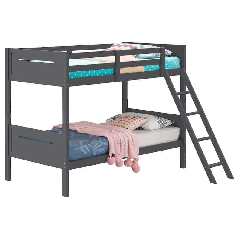 Modern Grey Twin/Twin Bunk Bed with Built-in Ladder and Guardrails