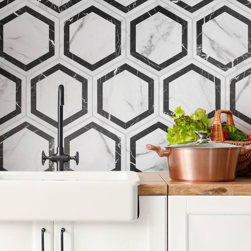 Merola Tile BioTech Hex Venato Deco Dark 11" x 13" Porcelain Floor and Wall Tile