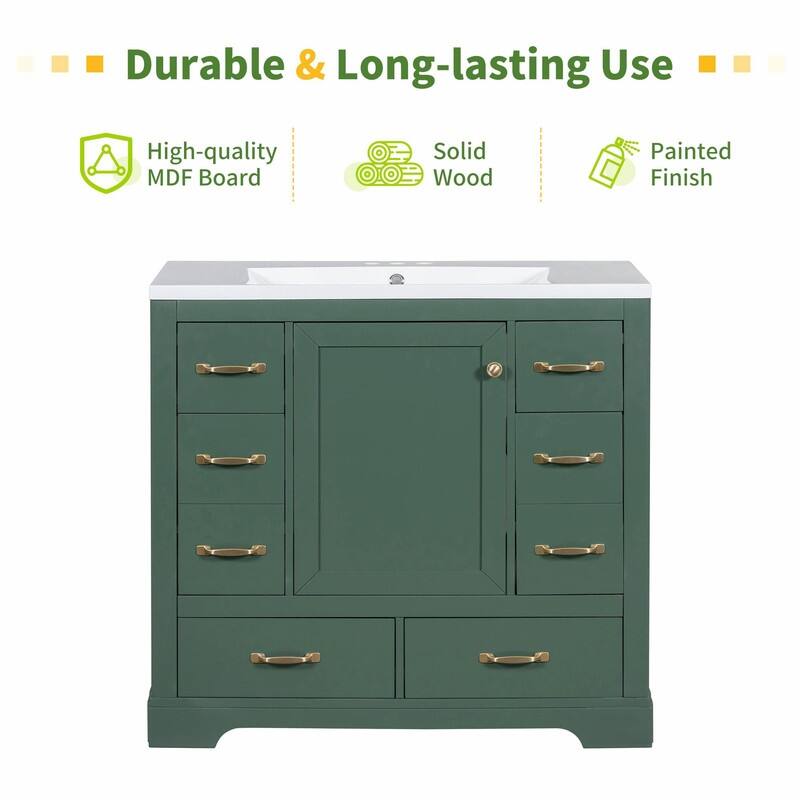 36" Bathroom Vanity with Sink Combo: Six Drawers, Multi-Functional Divider, Adjustable Shelf