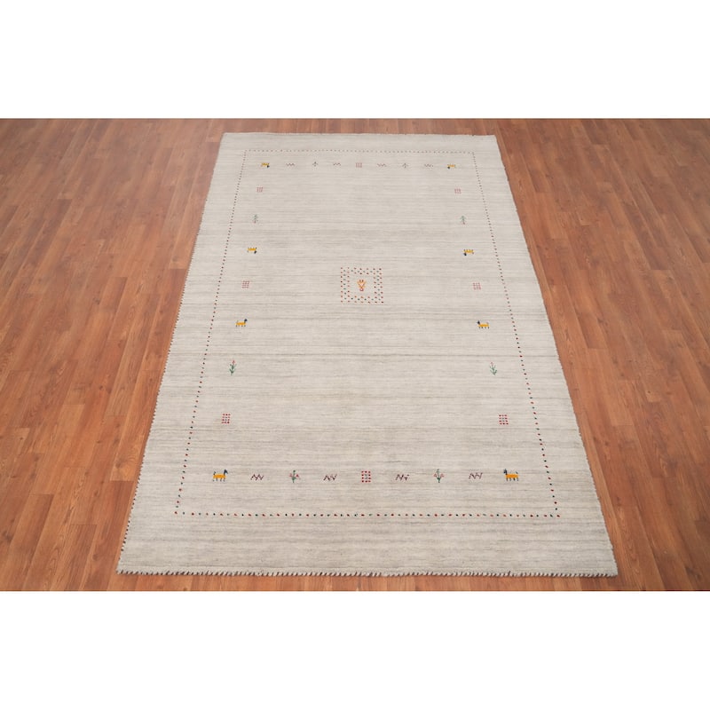 Hand Knotted Oriental 100% Wool Carpet Tribal Animal Pictorial Beige & Ivories Gabbeh Area Rug - 7' 9'' X 5' 0''