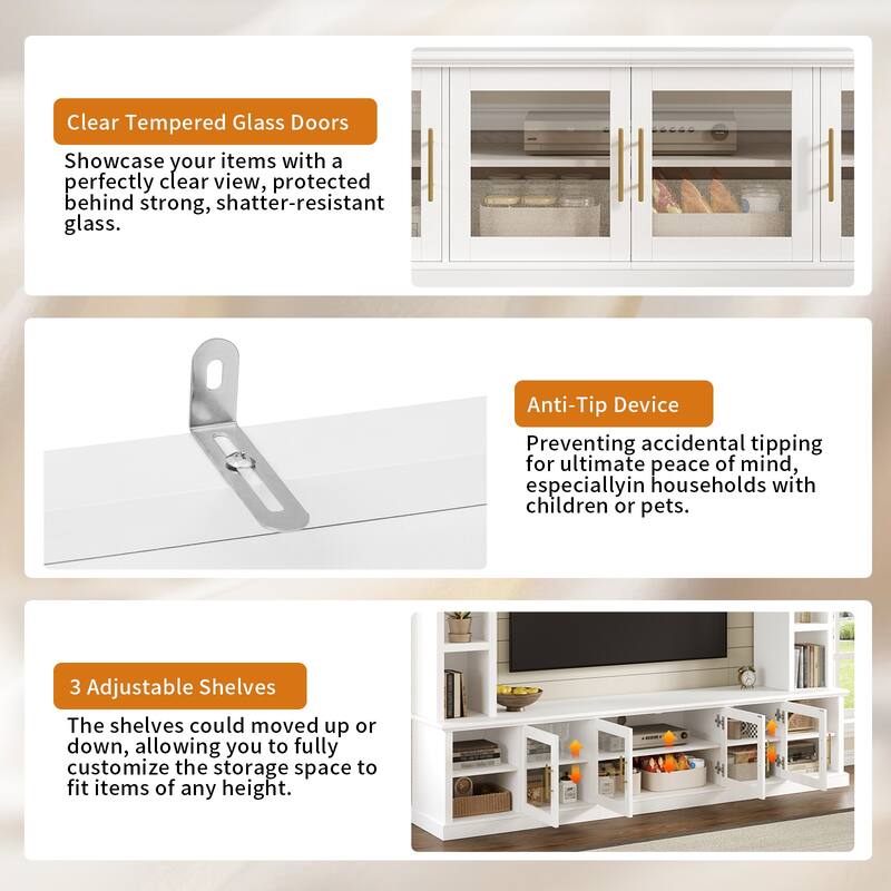 Entertainment Center Wall Unit for up to 80" TV, TV Stand with Bookshelves & Tempered Glass Doors