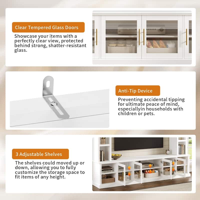 Wall Unit Entertainment Center for TVs up to 80", All-in-One TV Stand with Bookshelves, Glass Doors, Media Console with Shelving