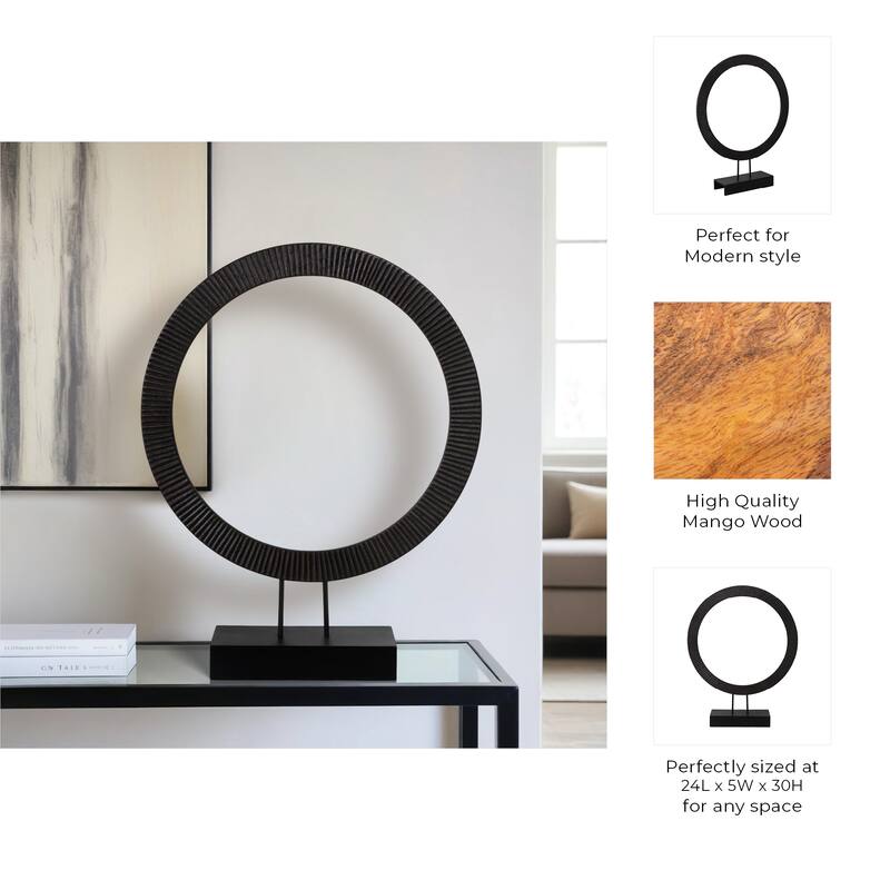 Wood and Iron Ring Sculpture on Base with Modern Grooved Texture