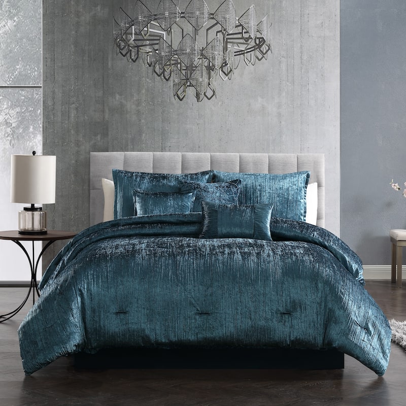 Riverbrook Home Turin Crinkled Velvet Comforter Collection - Royal Blue - Queen - 7 Piece