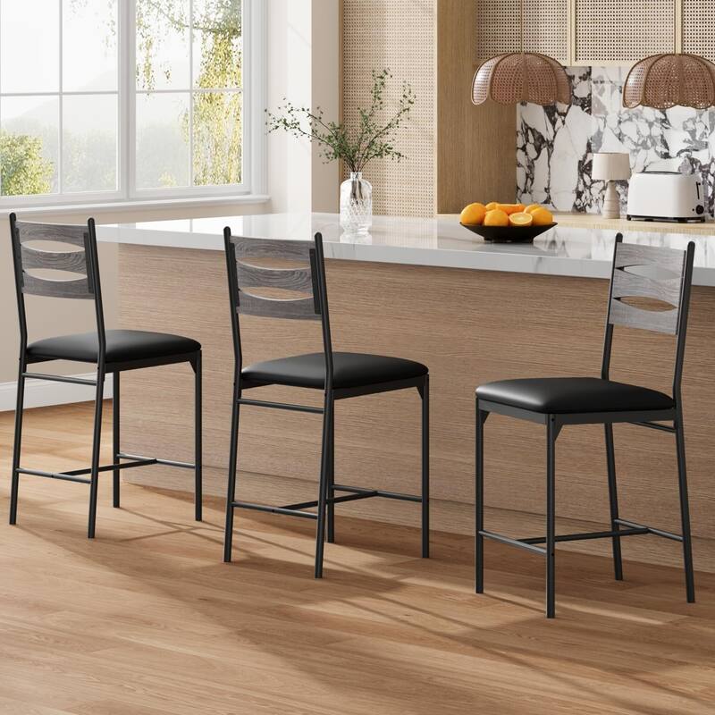 Bar Stools Set of 2 - Thick Cushioned Faux Leather Stools with Islamic Geometric Backrest, Gold Accent Footrest - Grey - 4PC