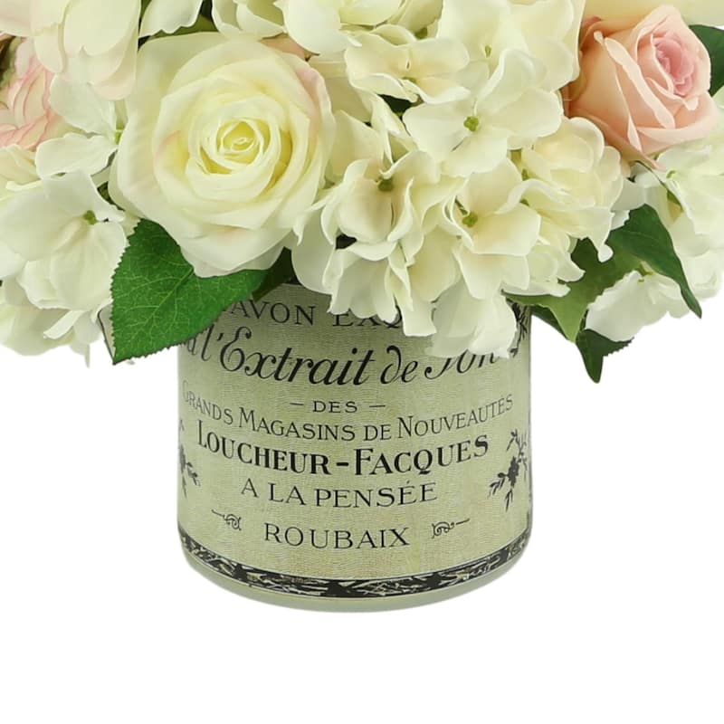 Rose and Hydrangea Arrangement in Label Vase - Pink, Cream, Green