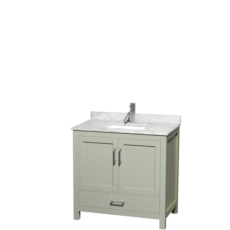 Wyndham Collection Sheffield Single Vanity Set - 36-Inch Single - Light Green, White Carrara Marble Top, Nickel Trim