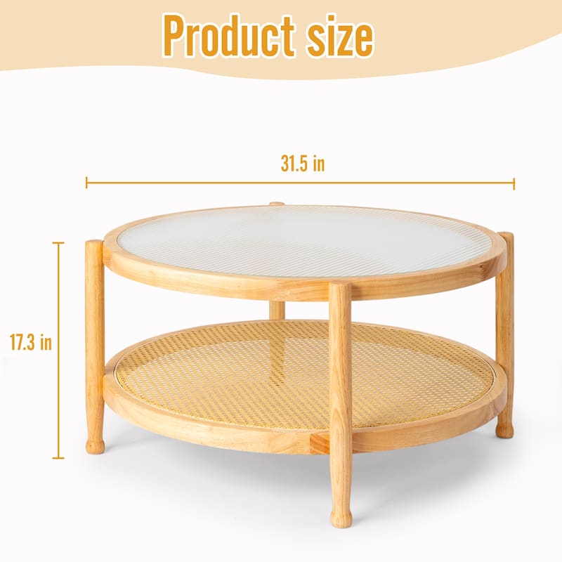 31.5in Rattan Coffee Table with Tempered Glass Top and Hand-Woven Shelf for Indoor Outdoor - 31.5” x 31.5” x 17.3”