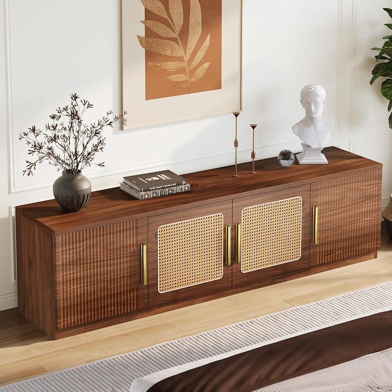 70.9" TV Console, Rattan Entertainment Center with 6 Storage Shelf and Cabinet - 70.87" W x 13.78" D x 17.72" H