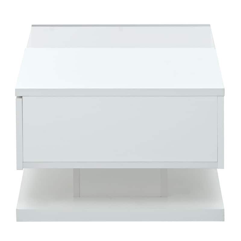 Modernist Glass & High-Gloss Wood Coffee Table with Drawer, 2-Tier Rectangular Center Table for Living Room