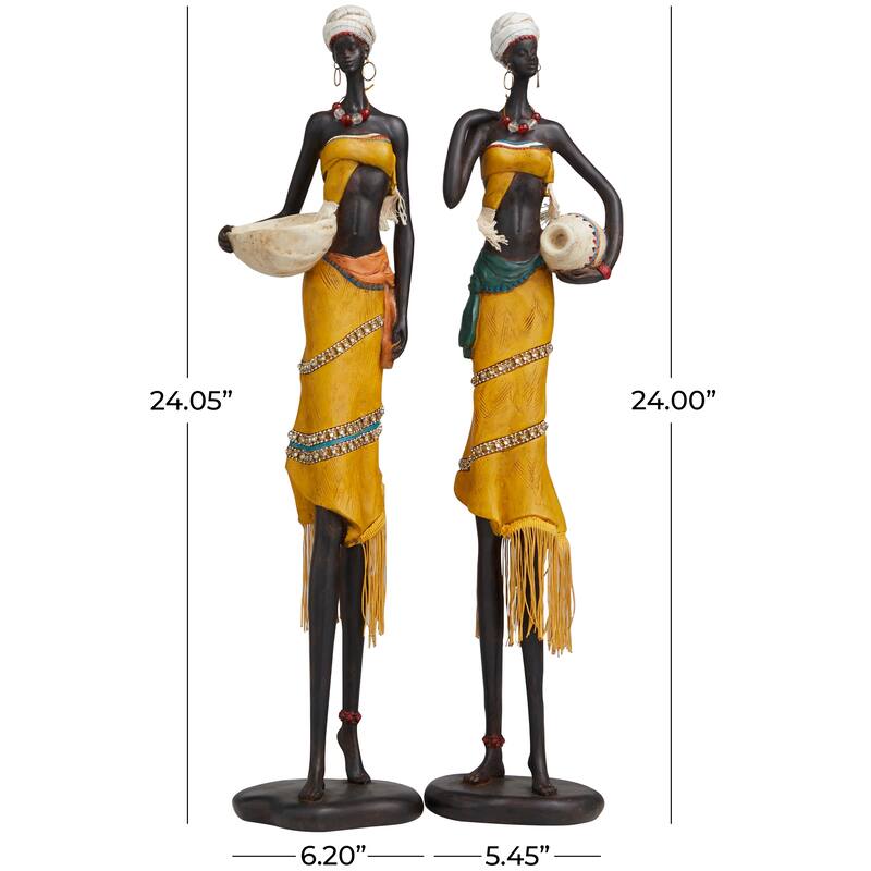 Yellow Polystone Handmade African Woman People Decorative Sculpture with Water Jugs and Jeweled Details (Set of 2)