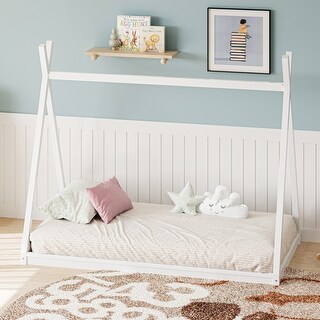 Wood Twin Size Tent Bed for Kids, Low-Floor Bed, House Shape Tent Bed Frame for Boys Girls Teens, Without Slats