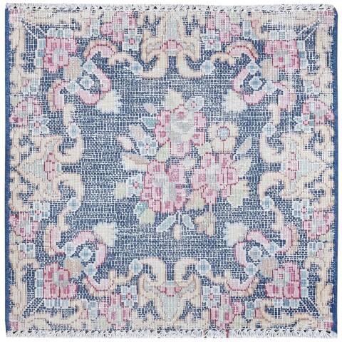 Hand Knotted Blue Overdyed & Vintage with Worn Wool Oriental Rug (1'6" x 1'7") - 1'6" x 1'7"