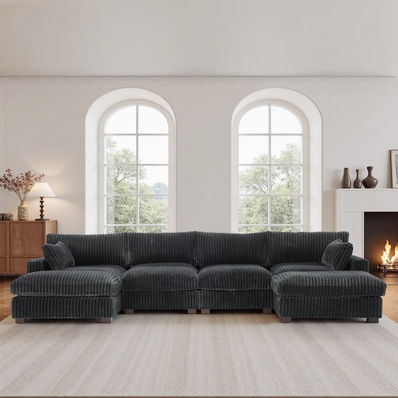Oversied Plush Corduroy Fabric Modular Sectional Sofa with Chaise, Ottoman