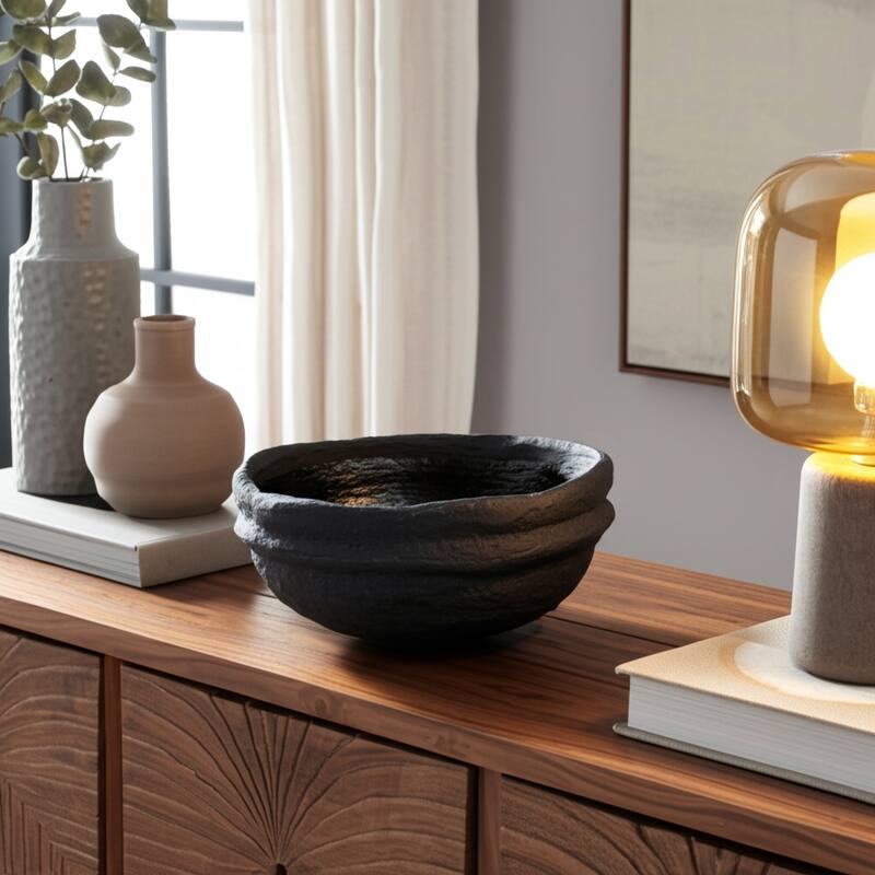 Terracotta Decorative Bowl Handcrafted Textured Design - 6" Black - 12" x 12" x 6" - Black - 12" x 12" x 6"