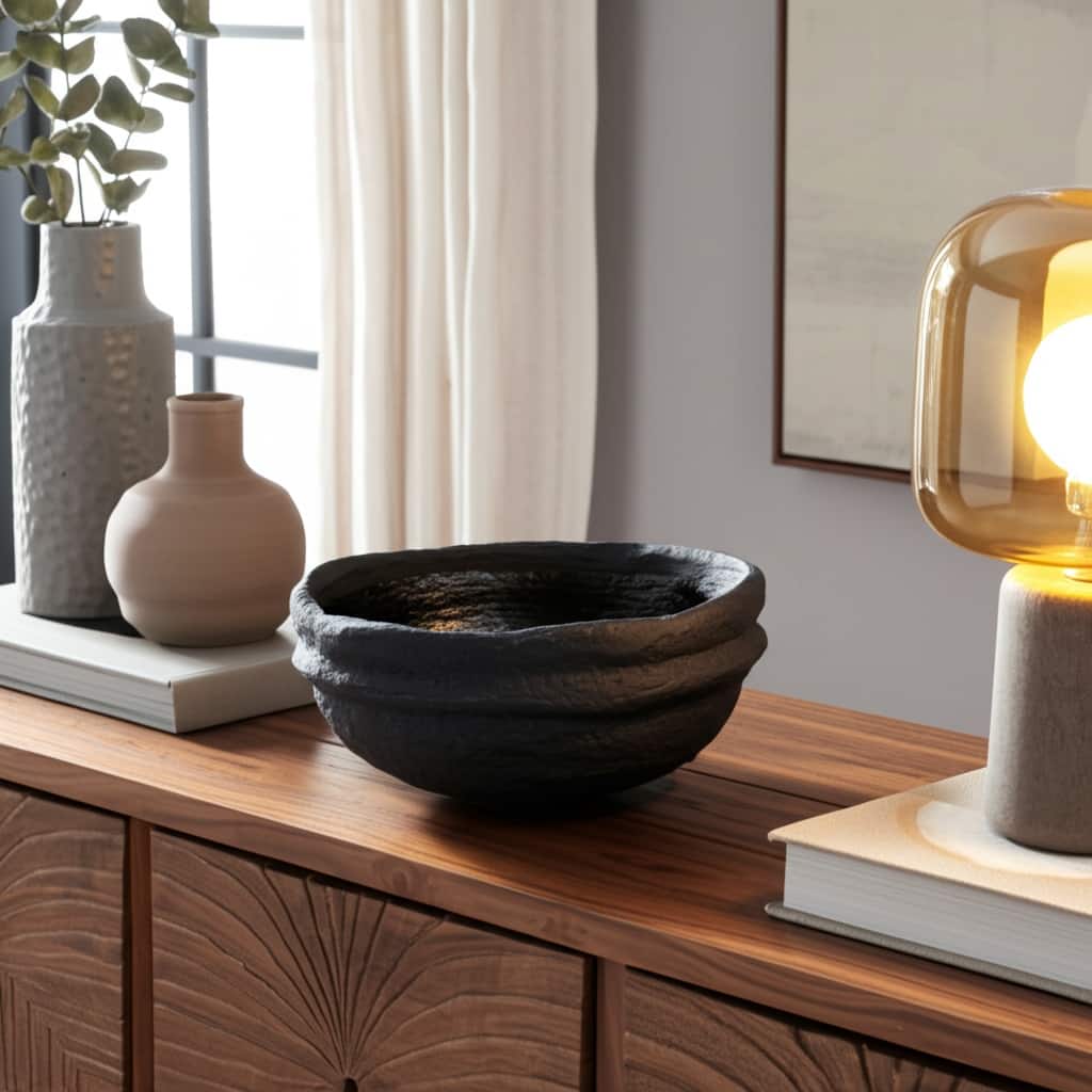 Terracotta Decorative Bowl Handcrafted Textured Design - 6" Black - 12" x 12" x 6"