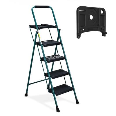 4 Step Ladder with Tool Tray, Folding Step Stool with Wide Non-Slip Pedal and Comfort Handgrip for Household and Office