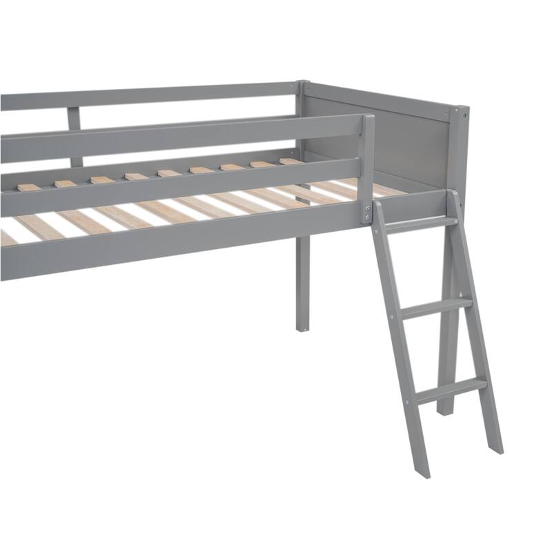 Wood Low Loft Bed with Ladder, Ladder Can Be Placed on the Left or Right