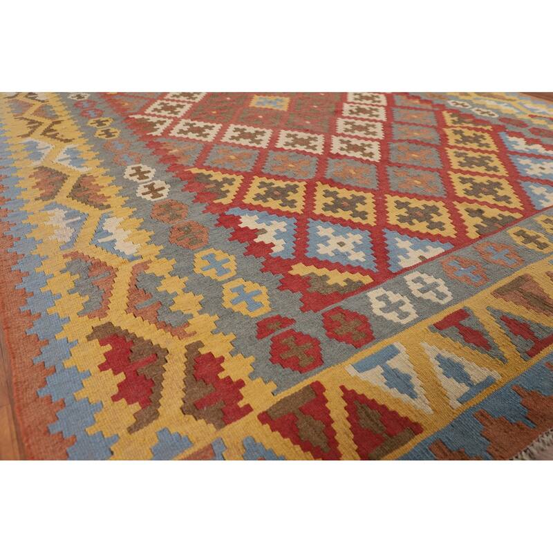 Geometric Kilim Persian Vintage Area Rug Flatweave Wool Carpet - 6'7"x 9'6"