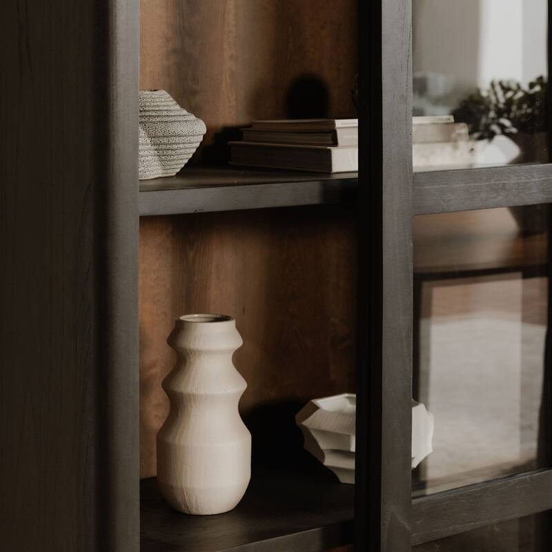 NADAAL STUDIOS Selira Cabinet, Sliding Glass Doors with Rounded Frame in Solid Neem Wood, Black