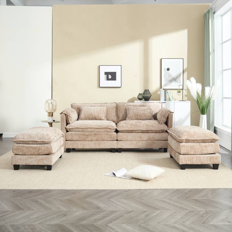 Chenille Sleeper Sofa Bed Deep Seat Loveseat Sectional Couch with Ottomans Chaise Lounge, Detachable Armrests and Side Pockets
