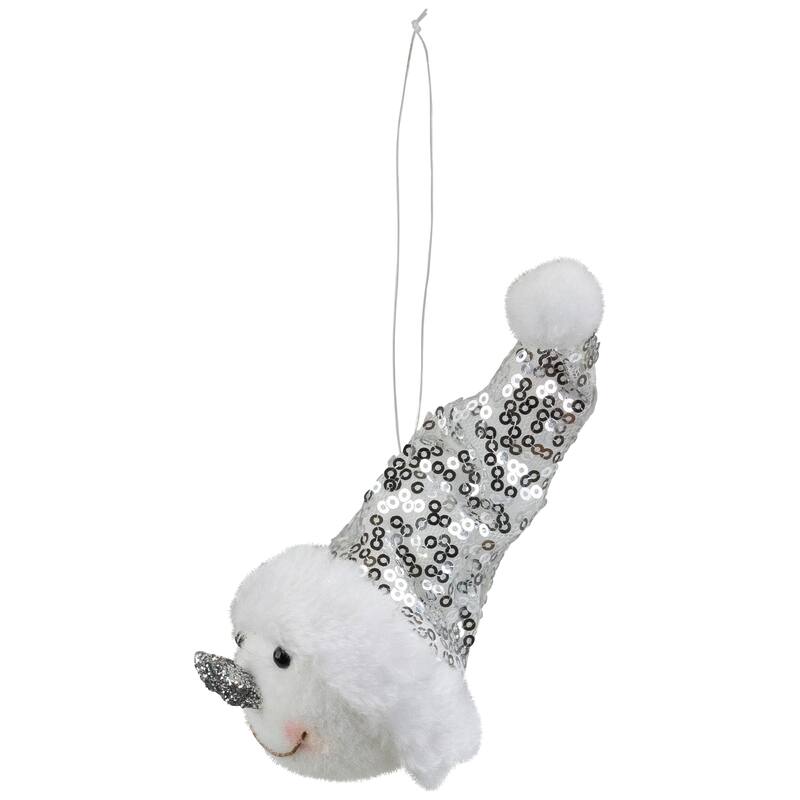 6" Smiling Snowman Head Wearing a Silver Sequin Santa Hat Ornament
