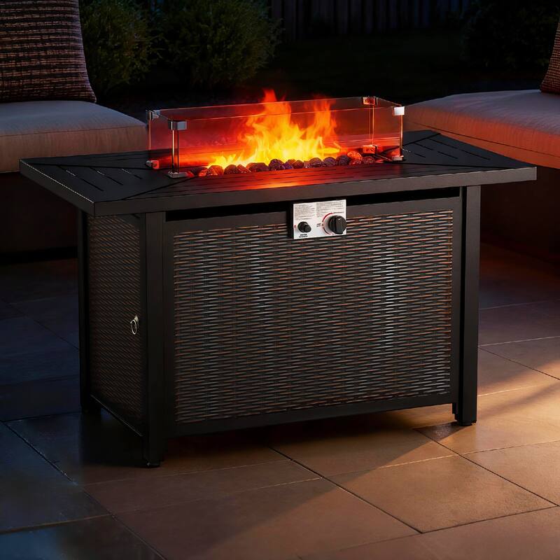 Meyreso 43 in. Rectangular Brown Metal Propane Outdoor Fire Pit Table with Glass Wind Guard Lid, Lava Rocks, 50000 BTU