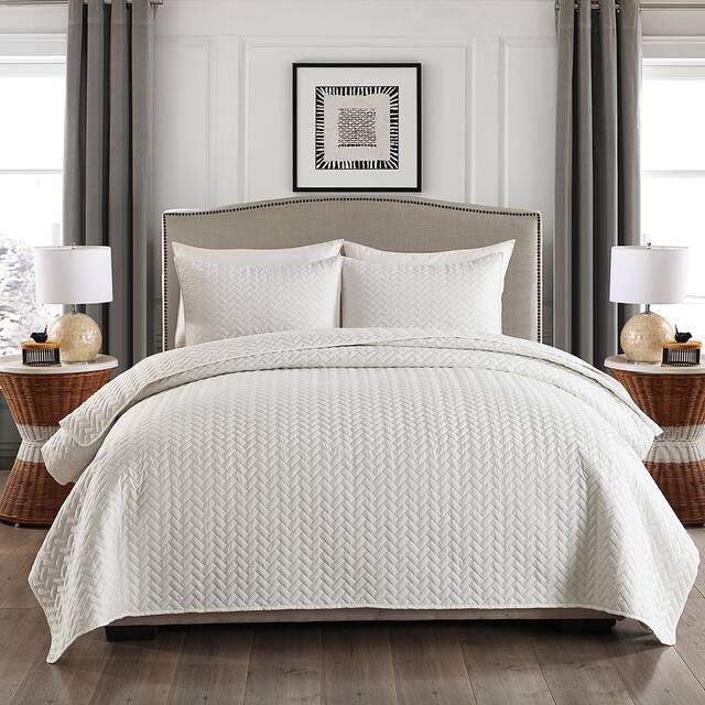3-piece Fashionable Solid Embossed Quilt Set Bedspread Cover - White basket weave - King