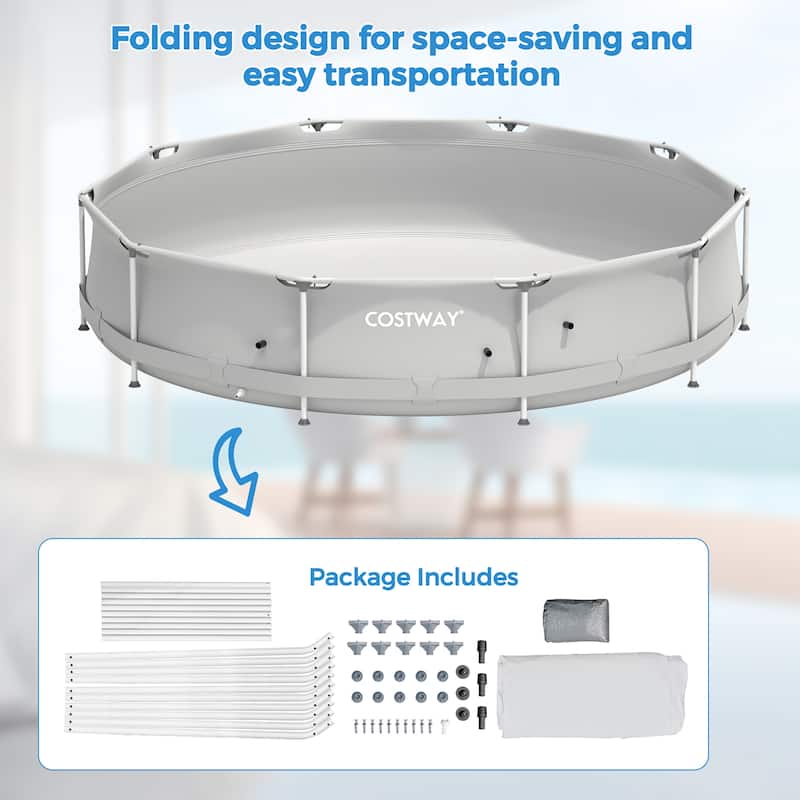 Round Above Ground Swimming Pool Patio Frame Pool W/ Pool Cover - Blue