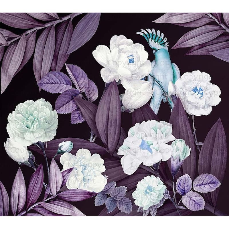 Exotic Flowers Night Garden Wallpaper Mural Tropical Bird - Purple - W:122" x H:110"