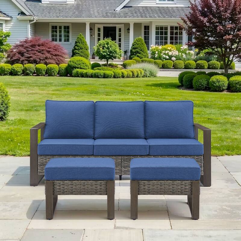 Pocassy Outdoor Sofa, Swivel Chair, Patio Chair Ottoman Set - 3 Pieces - Grey Wicker Blue Cushion