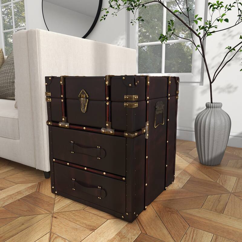 Dark Brown Faux Leather Vintage Faux Leather 2 Drawer Cabinet with Buckle Hinged Top