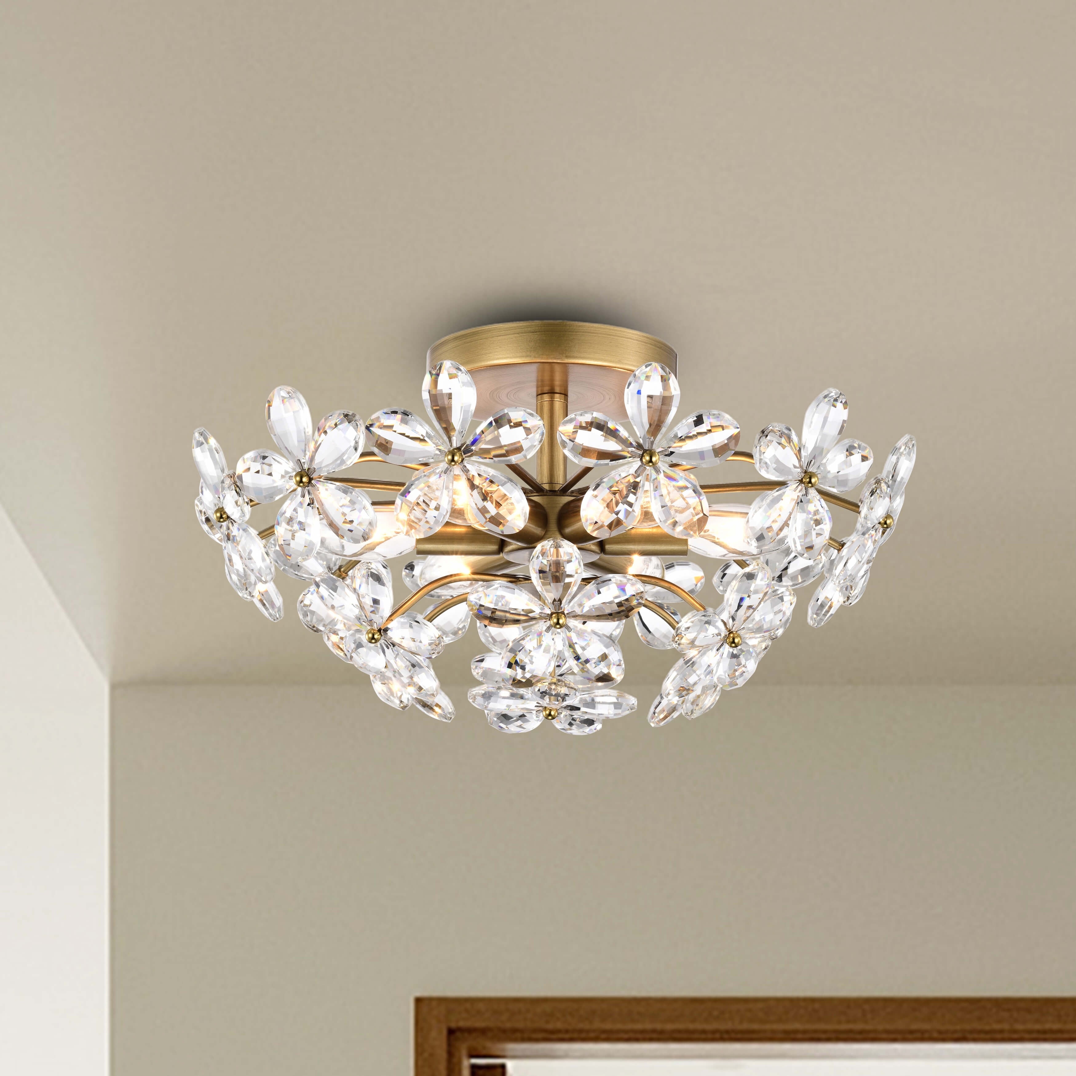 Rosa 6-Light Brushed Brass Finish Crystal Glass Flower Flush Mount - 17.7 inches in diameter x 8.7 inches H