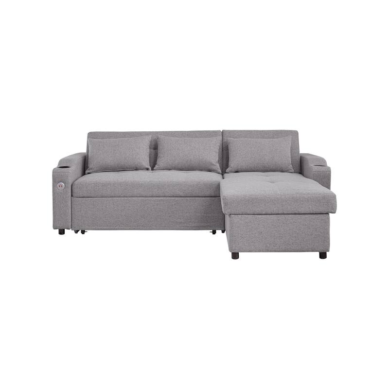 84" Adjustable Backrest Grey Fabric+Metal Sofa Bed, 3 in 1 with USB Ports & Cup Holders, Storage Chaise