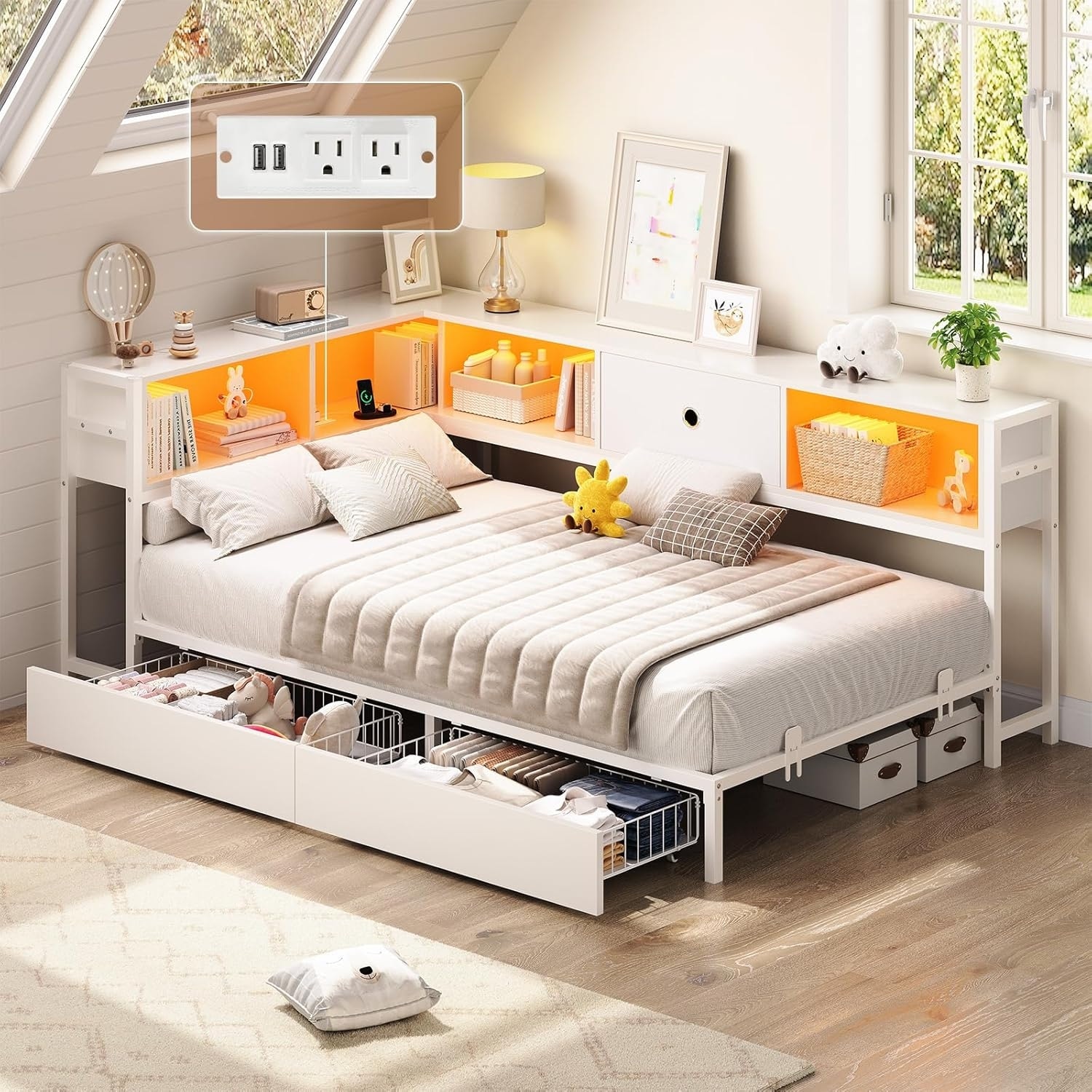 Corner Twin Bed Frame with Storage Drawers, Bookcase Headboard, Charging Station, and LED Lights