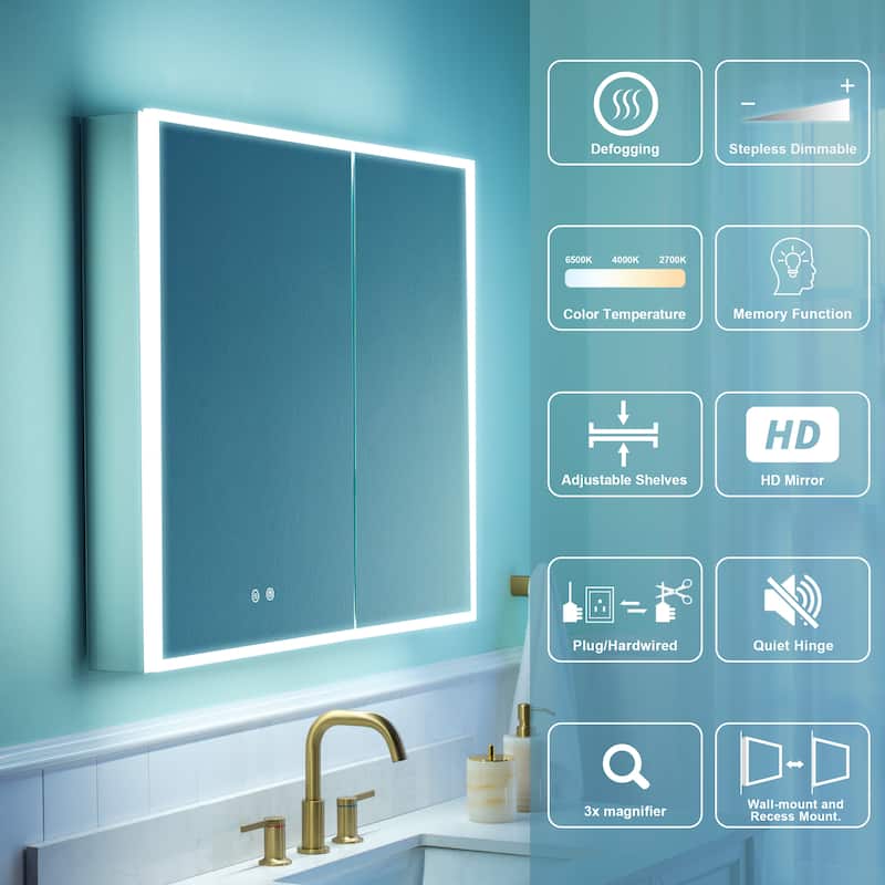30'' H Recessed or Surface Frameless LED Mirror Cabinet With Defogger, Dimmer, Outlets & USB Ports 