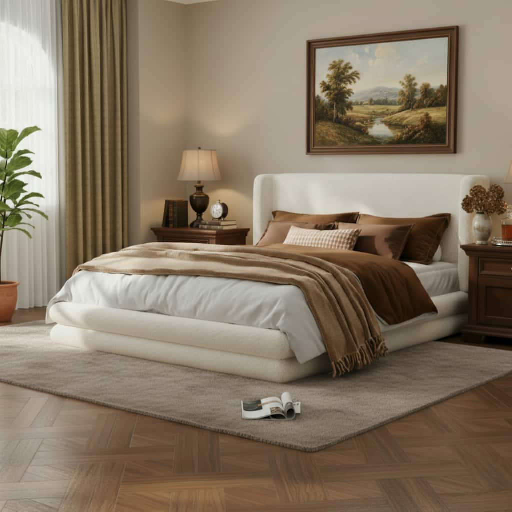 King/Queen Size Upholstered Bed Frame with Boucle Wingback Headboard