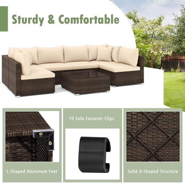 7 PCS Patio Rattan Furniture Set Outdoor Conversation Set w/ Cushions